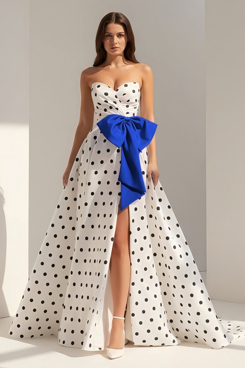 Averna | Royal Blue - Strapless A Line Polka Dots Satin Long Prom Dresses With Bow - KissProm