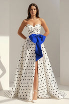 Averna | Royal Blue - Strapless A Line Polka Dots Satin Long Prom Dresses With Bow - KissProm