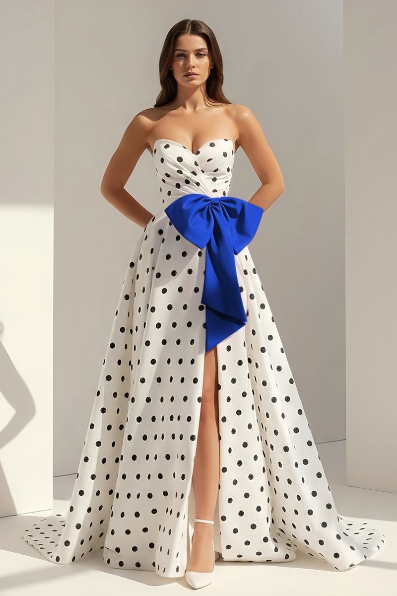 Averna | Royal Blue - Strapless A Line Polka Dots Satin Long Prom Dresses With Bow - KissProm