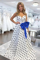 Averna | Royal Blue - Strapless A Line Polka Dots Satin Long Prom Dresses With Bow - KissProm