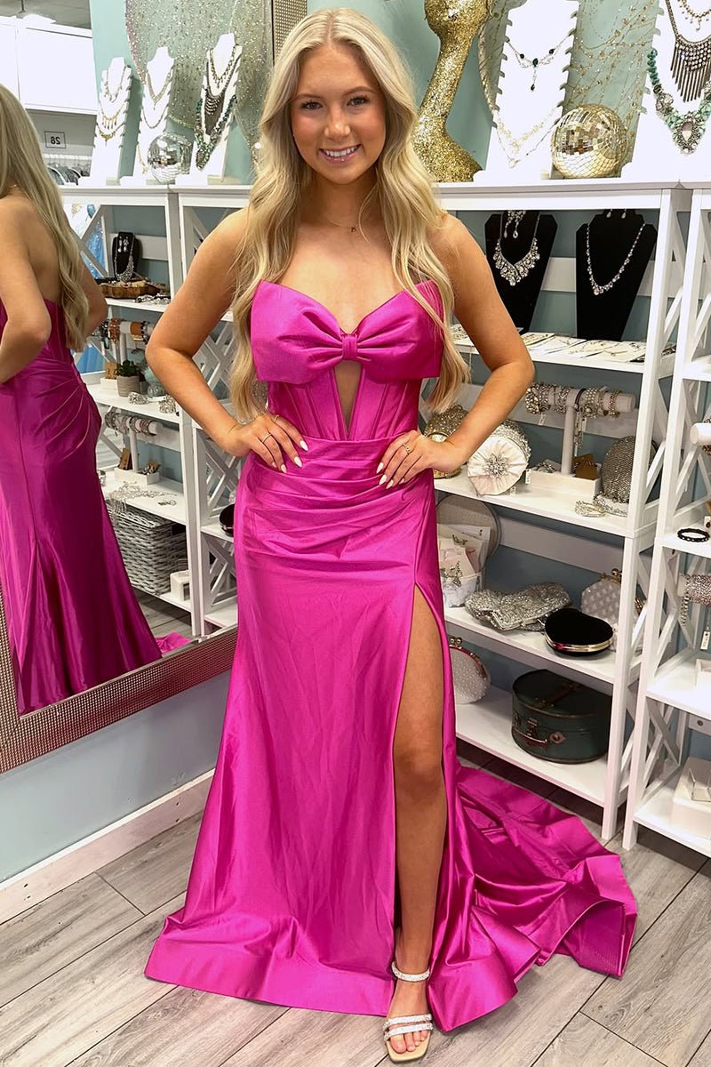 Mermaid Sweetheart Bow Satin Pleated Slit Long Prom Dresses Pink / 00