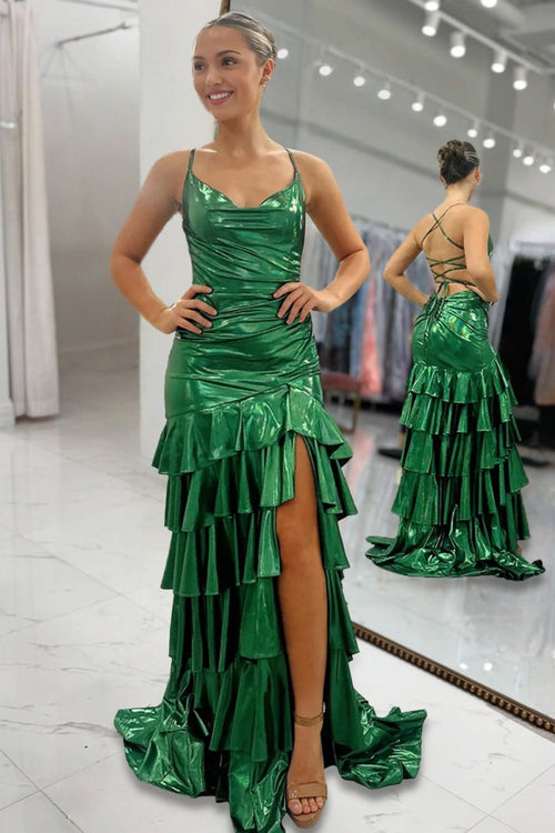 Avoura | Dark Green - Spaghetti Straps Mermaid Metallic Ruffled Prom Dresses With Slit - KissProm