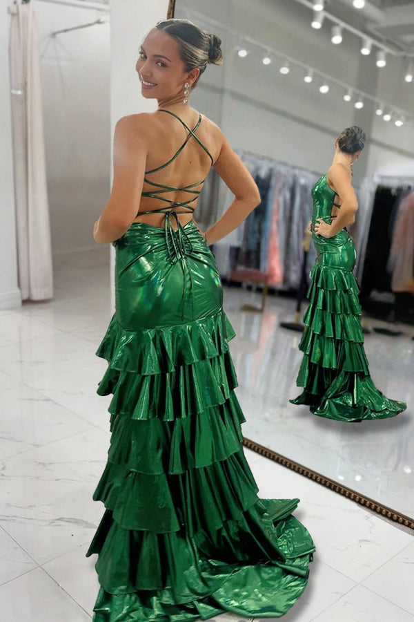 Avoura | Dark Green - Spaghetti Straps Mermaid Metallic Ruffled Prom Dresses With Slit - KissProm