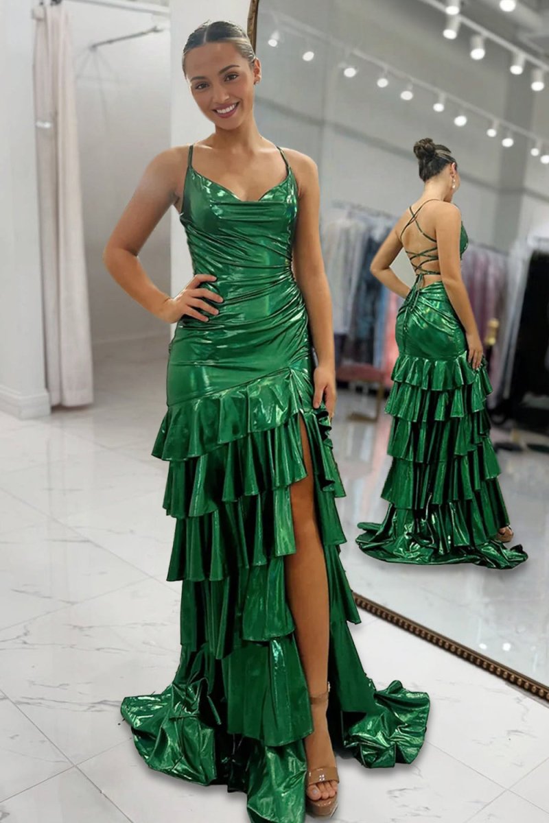 Avoura | Dark Green - Spaghetti Straps Mermaid Metallic Ruffled Prom Dresses With Slit - KissProm
