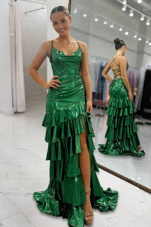 Avoura | Dark Green - Spaghetti Straps Mermaid Metallic Ruffled Prom Dresses With Slit - KissProm