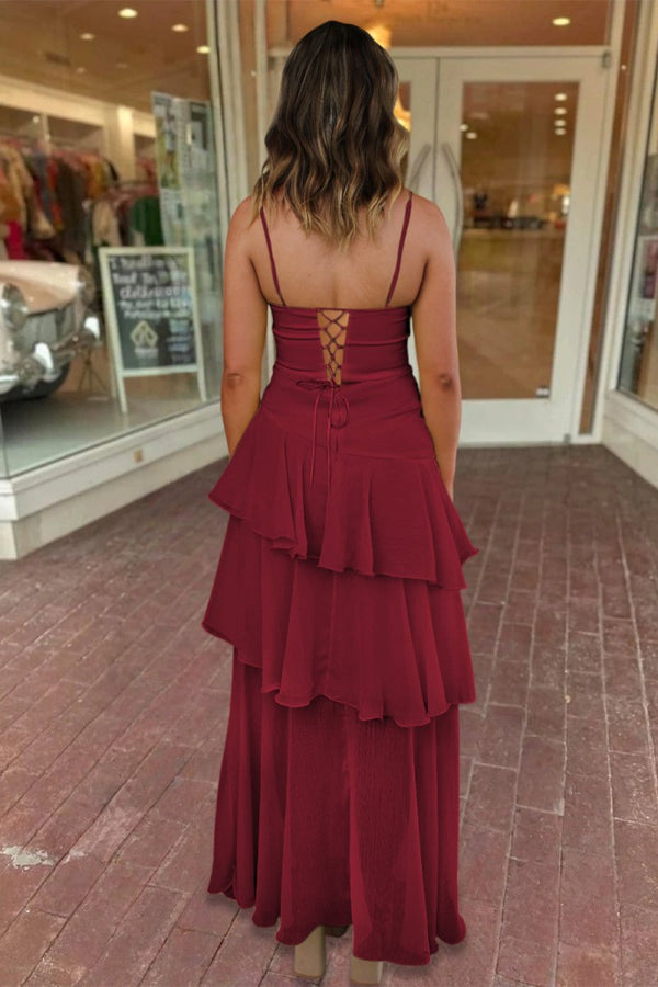 Ayella | Burgundy - Spaghetti Straps Sheath Chiffon Pleated Formal Prom Dresses With Ruffles - KissProm