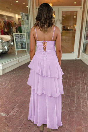 Ayella | Lavender - Spaghetti Straps Sheath Chiffon Pleated Formal Prom Dresses With Ruffles - KissProm