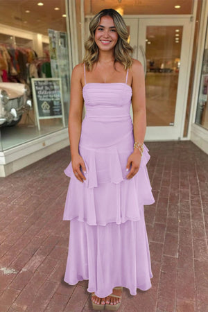 Ayella | Lavender - Spaghetti Straps Sheath Chiffon Pleated Formal Prom Dresses With Ruffles - KissProm