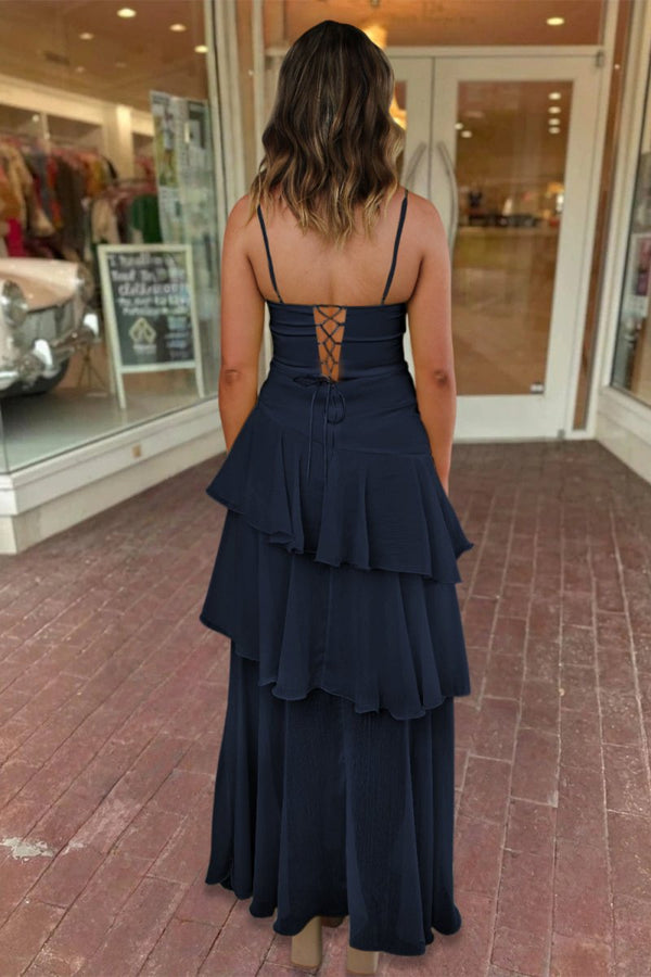 Ayella | Navy Blue - Spaghetti Straps Sheath Chiffon Pleated Formal Prom Dresses With Ruffles - KissProm