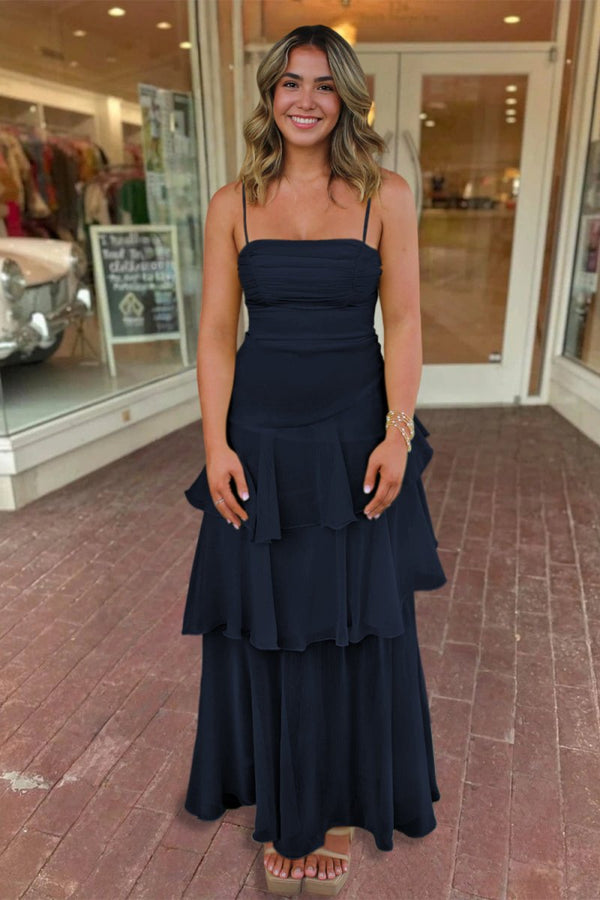 Ayella | Navy Blue - Spaghetti Straps Sheath Chiffon Pleated Formal Prom Dresses With Ruffles - KissProm