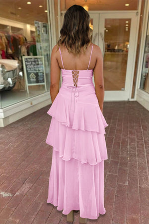Ayella | Pink - Spaghetti Straps Sheath Chiffon Pleated Formal Prom Dresses With Ruffles - KissProm