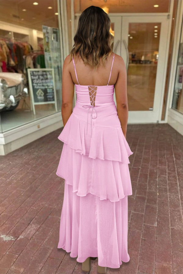 Ayella | Pink - Spaghetti Straps Sheath Chiffon Pleated Formal Prom Dresses With Ruffles - KissProm