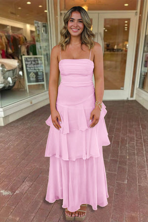 Ayella | Pink - Spaghetti Straps Sheath Chiffon Pleated Formal Prom Dresses With Ruffles - KissProm
