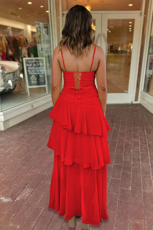 Ayella | Red - Spaghetti Straps Sheath Chiffon Pleated Formal Prom Dresses With Ruffles - KissProm