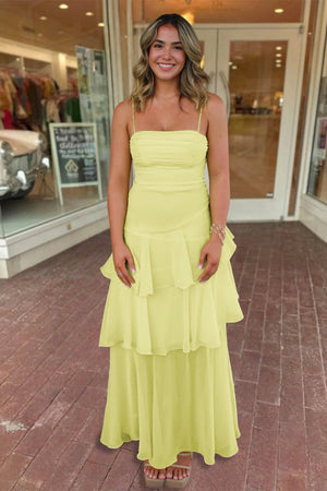 Ayella | Yellow - Spaghetti Straps Sheath Chiffon Pleated Formal Prom Dresses With Ruffles - KissProm
