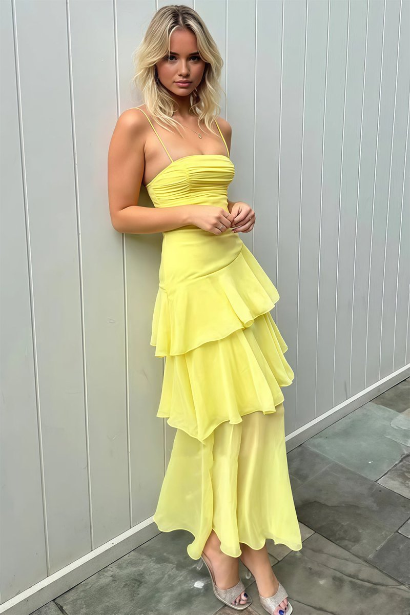 Ayella | Yellow - Spaghetti Straps Sheath Chiffon Pleated Formal Prom Dresses With Ruffles - KissProm
