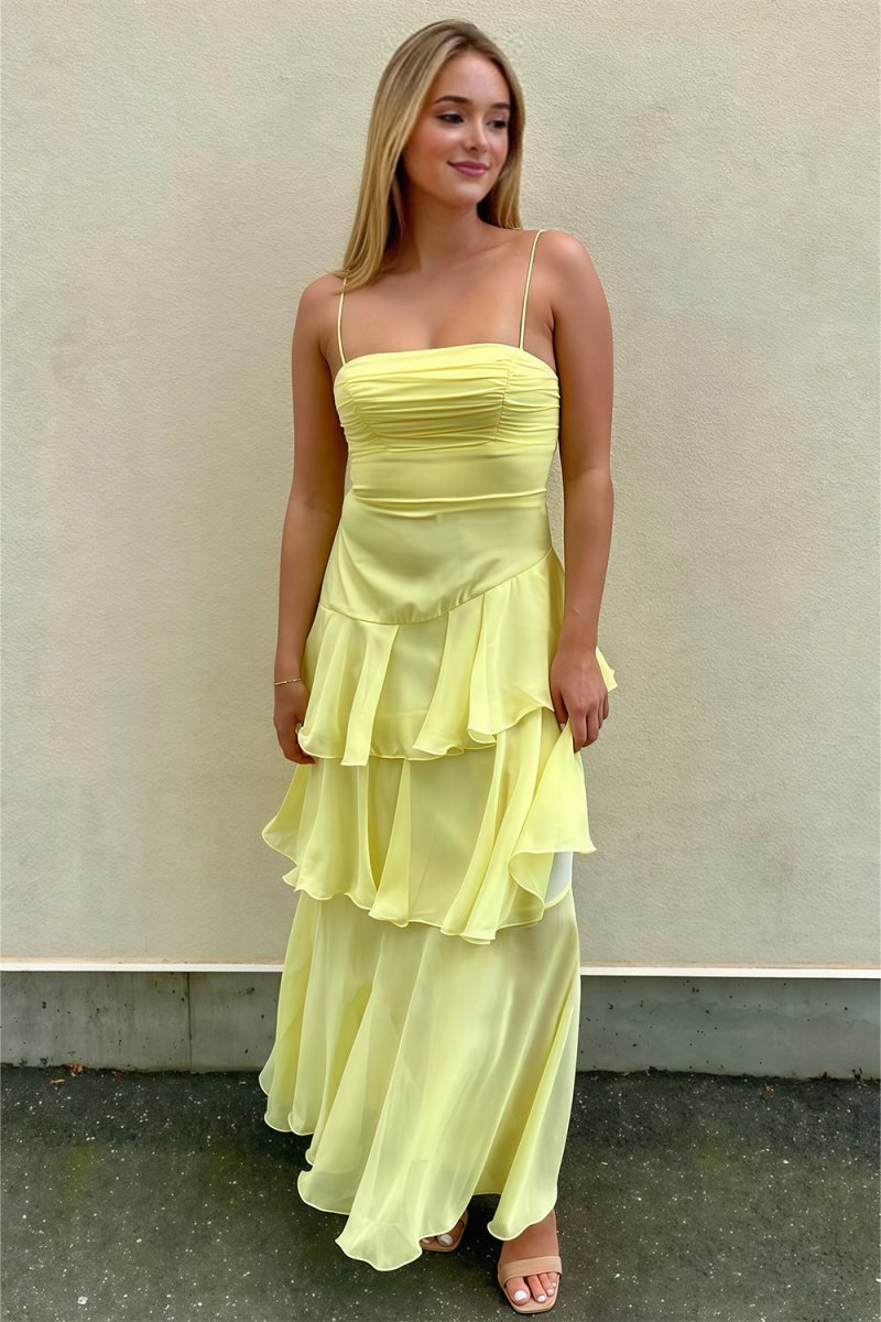 Ayella | Yellow - Spaghetti Straps Sheath Chiffon Pleated Formal Prom Dresses With Ruffles - KissProm