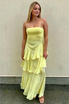 Ayella | Yellow - Spaghetti Straps Sheath Chiffon Pleated Formal Prom Dresses With Ruffles - KissProm