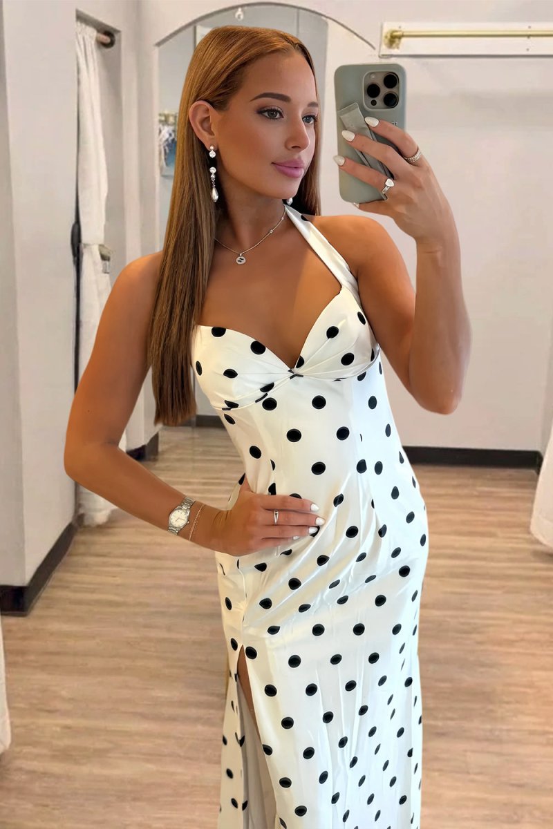 Ayra | White - Halter Sheath Polka Dots Long Formal Prom Dresses With Slit - KissProm