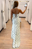 Ayra | White - Halter Sheath Polka Dots Long Formal Prom Dresses With Slit - KissProm
