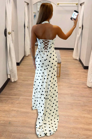 Ayra | White - Halter Sheath Polka Dots Long Formal Prom Dresses With Slit - KissProm