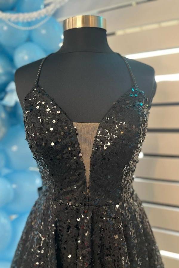 Azalea | Black - Plunging V Neck Sequins A Line Homecoming Dresses With Bow