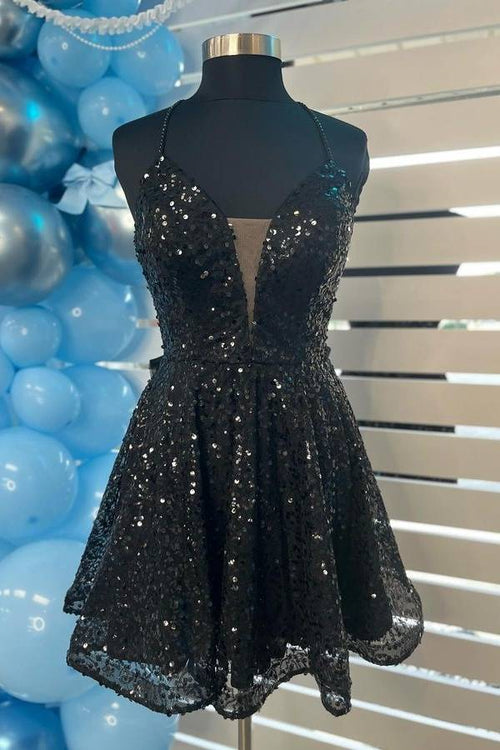 Azalea | Black - Plunging V Neck Sequins A Line Homecoming Dresses With Bow