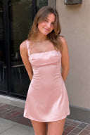 Pink Square Neck Sleeveless A Line Short Homecoming Dresses-KISSPROM