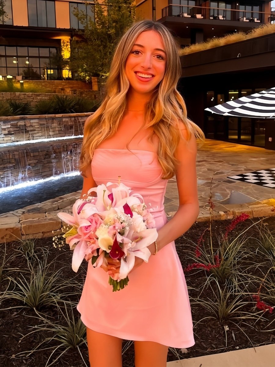 Azel | Pink - Square Neck Sleeveless A Line Short Cocktail Dresses