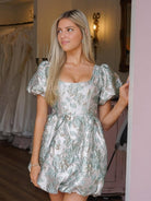 Azeneth | Silver  - A Line Square Neck Brocade Textured Homecoming Dresses with Puffed Sleeves