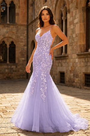 Lavender Spaghetti Straps Mermaid Prom Dress With Appliques - KissProm