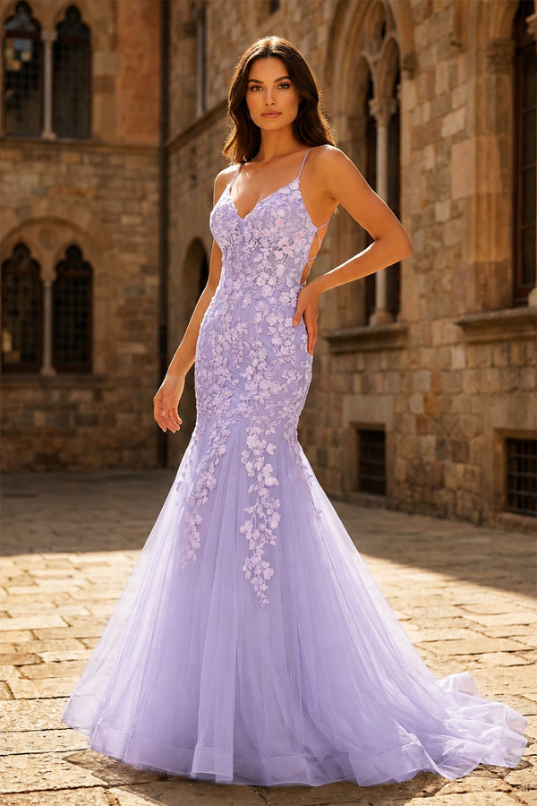 Lavender Spaghetti Straps Mermaid Prom Dress With Appliques - KissProm