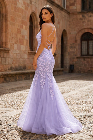 Lavender Spaghetti Straps Mermaid Prom Dress With Appliques - KissProm