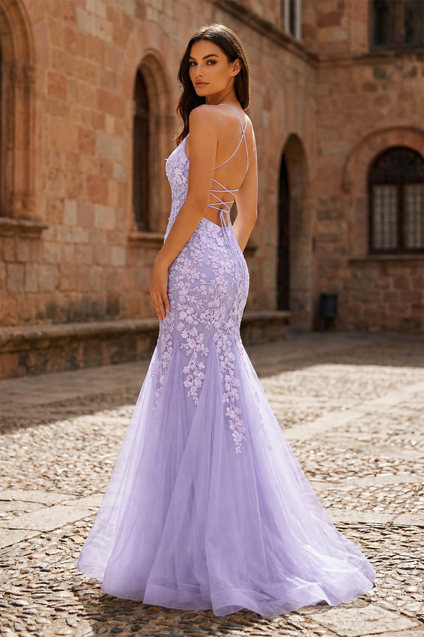Lavender Spaghetti Straps Mermaid Prom Dress With Appliques - KissProm