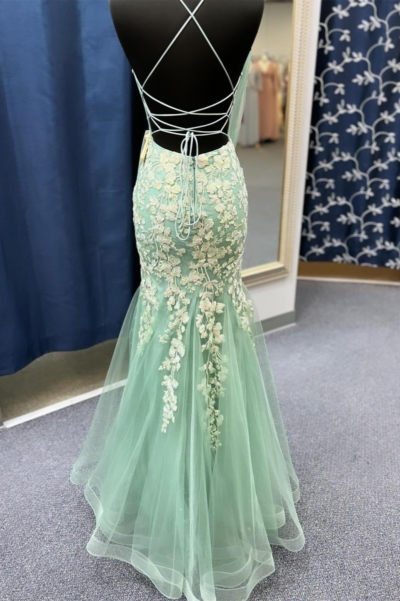 Azenor | Sage Green Spaghetti Straps Mermaid Prom Dress With Appliques - KissProm