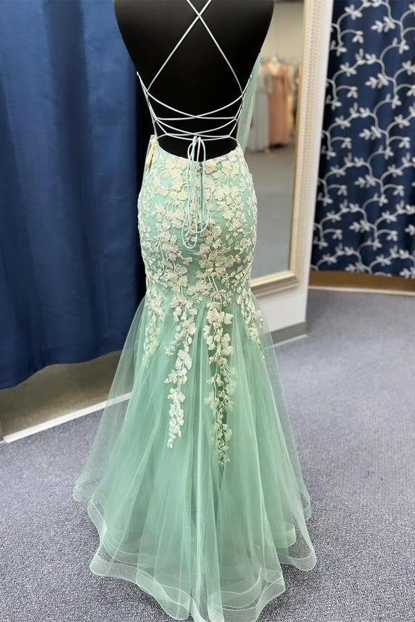 Azenor | Sage Green Spaghetti Straps Mermaid Prom Dress With Appliques - KissProm