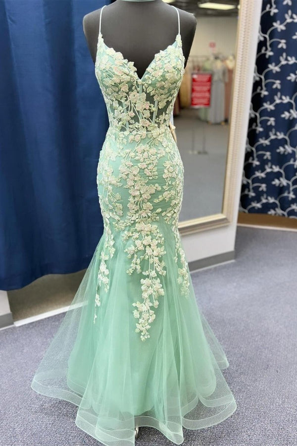 Azenor | Sage Green Spaghetti Straps Mermaid Prom Dress With Appliques - KissProm