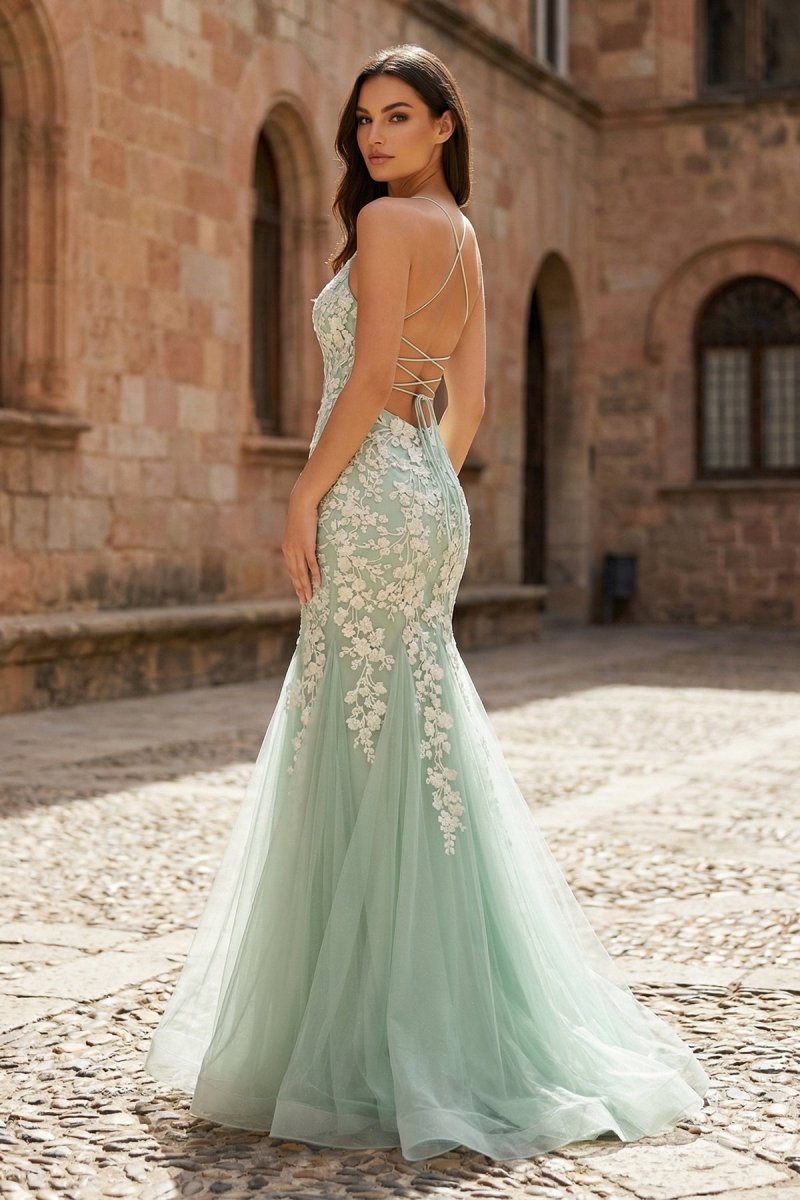 KissProm Sage Green Spaghetti Straps Mermaid Prom Dress With Appliques, Sage Green / 14