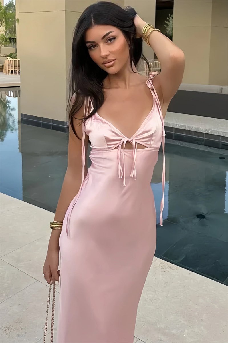 Azlie | Pink Sheath Spaghetti Straps Satin Long Prom Dresses With Keyhole - KissProm