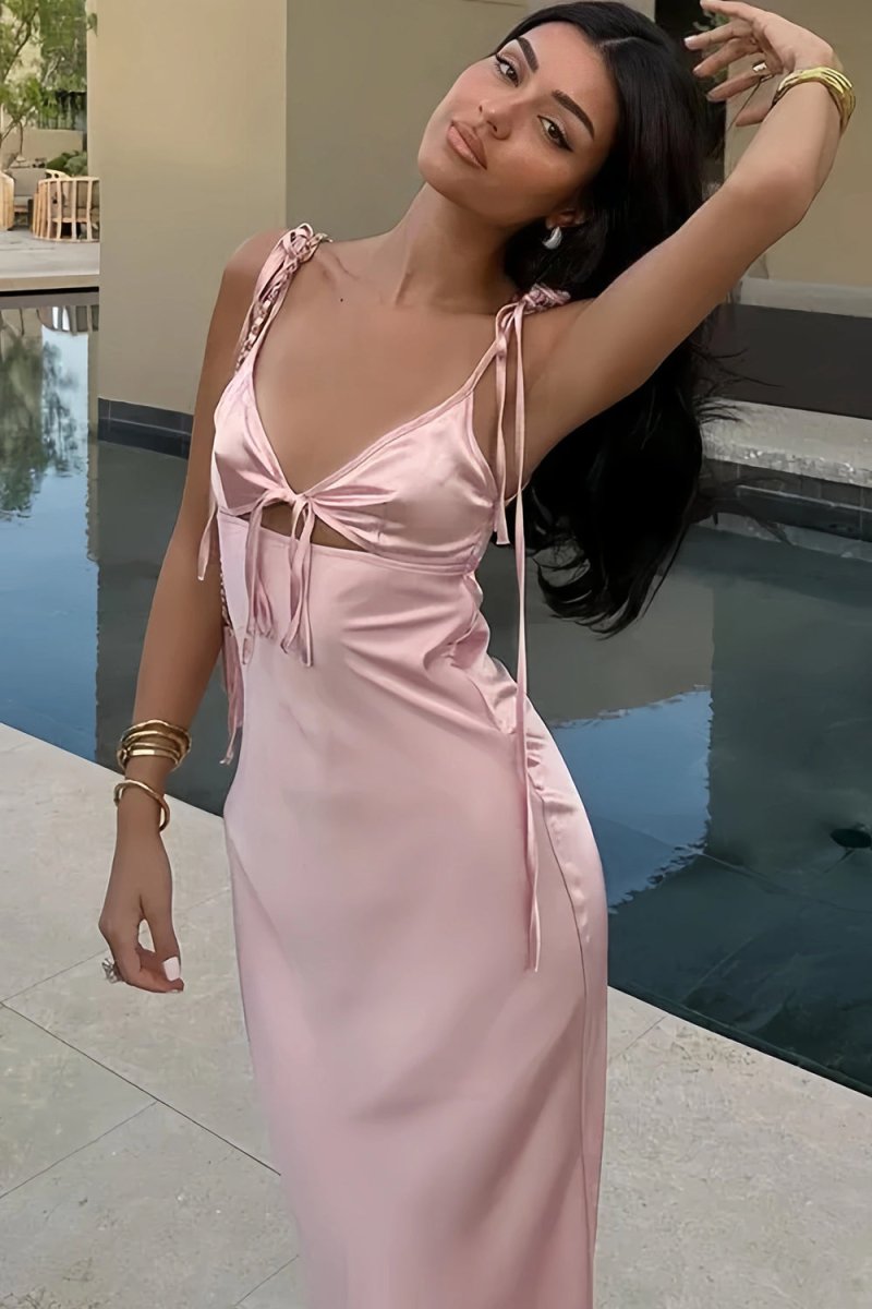 Azlie | Pink Sheath Spaghetti Straps Satin Long Prom Dresses With Keyhole - KissProm
