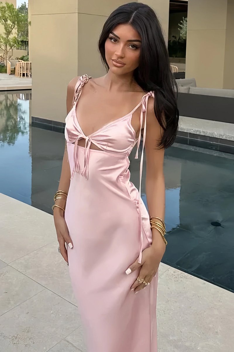 Azlie | Pink Sheath Spaghetti Straps Satin Long Prom Dresses With Keyhole - KissProm