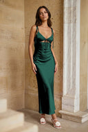 Pink Sheath Spaghetti Straps Satin Long Prom Dresses With Keyhole - KissProm