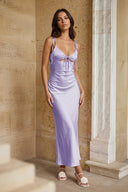 Pink Sheath Spaghetti Straps Satin Long Prom Dresses With Keyhole - KissProm