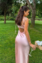 Azlie | Pink Sheath Spaghetti Straps Satin Long Prom Dresses With Keyhole - KissProm