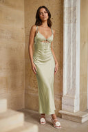 Pink Sheath Spaghetti Straps Satin Long Prom Dresses With Keyhole - KissProm