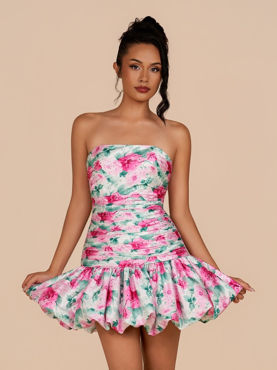 Azucena |  White - Sheath Floral Strapless Beaded Short Homecoming Dresses