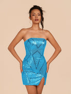 Azuraia | Blue - Strapless Bodycon Sequins Homecoming Dresses With Slit
