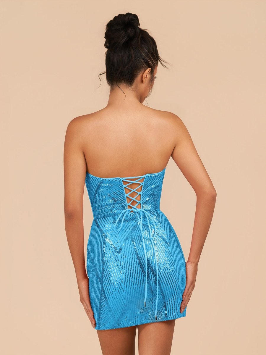 Azuraia | Blue - Strapless Bodycon Sequins Homecoming Dresses With Slit