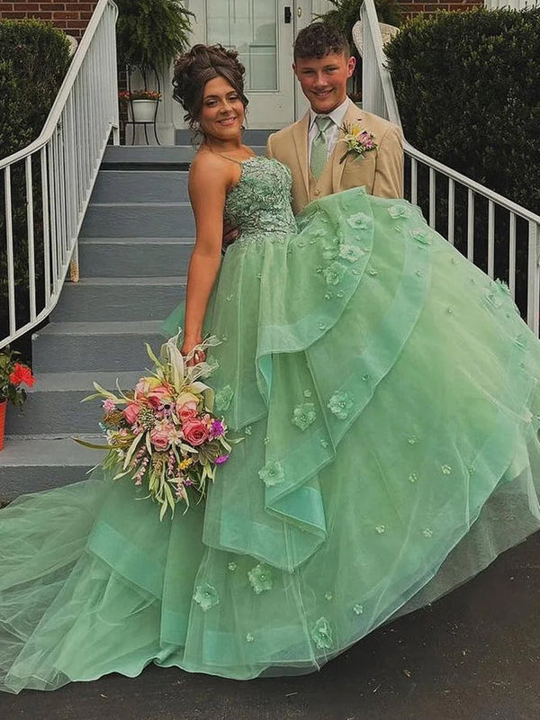 Azurena | Ball Gown Sweetheart Sage Green Tulle Long Prom Dresses With Appliques -KissProm