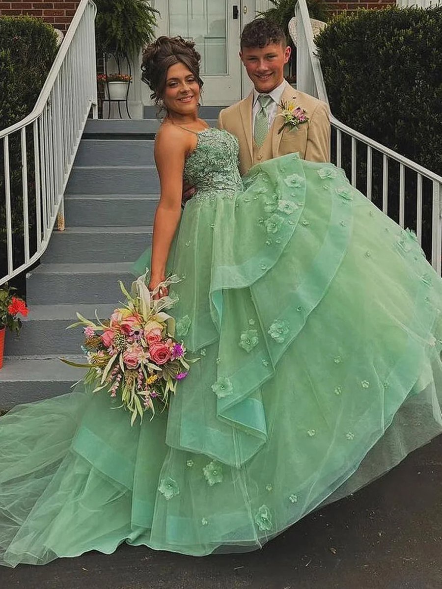 Ball Gown Sweetheart Sage Green Tulle Long Prom Dresses with Appliques Sage Green / 8